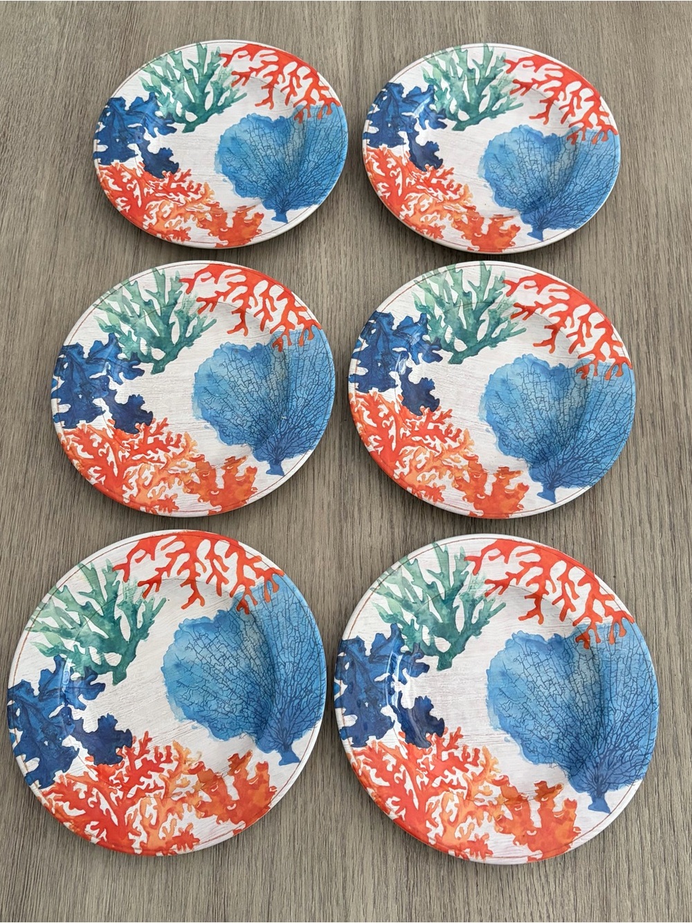 Pier 1 Coral Reef Melamine 8.5” Plates Set Of 6 Sea Life Beach Orange/Blue/Teal